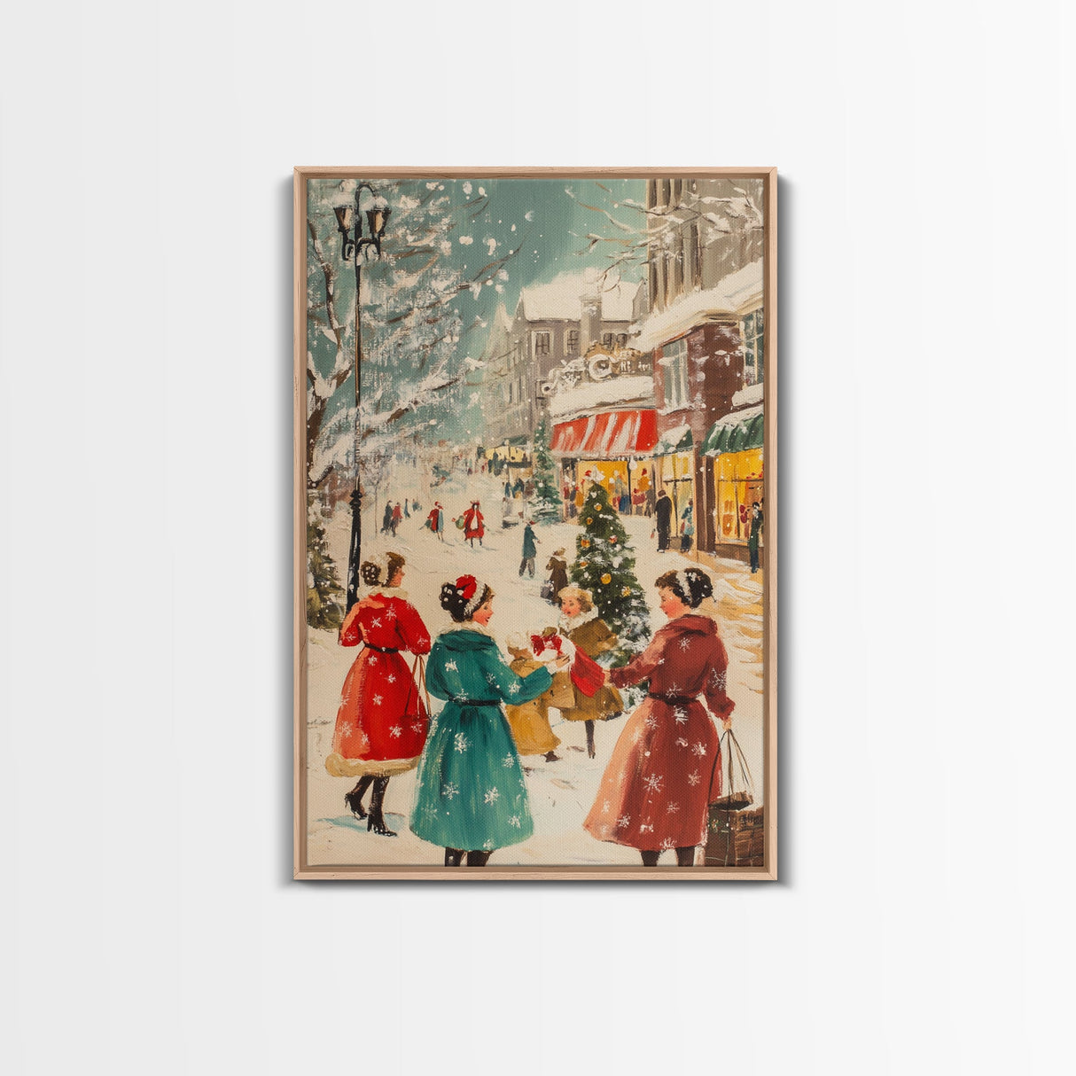 Winter Wall Art Christmas Canvas Print - 1950s Style Post Card Art - Christmas Decor - Christmas Shoppers In The Streets - Christmas Village Art