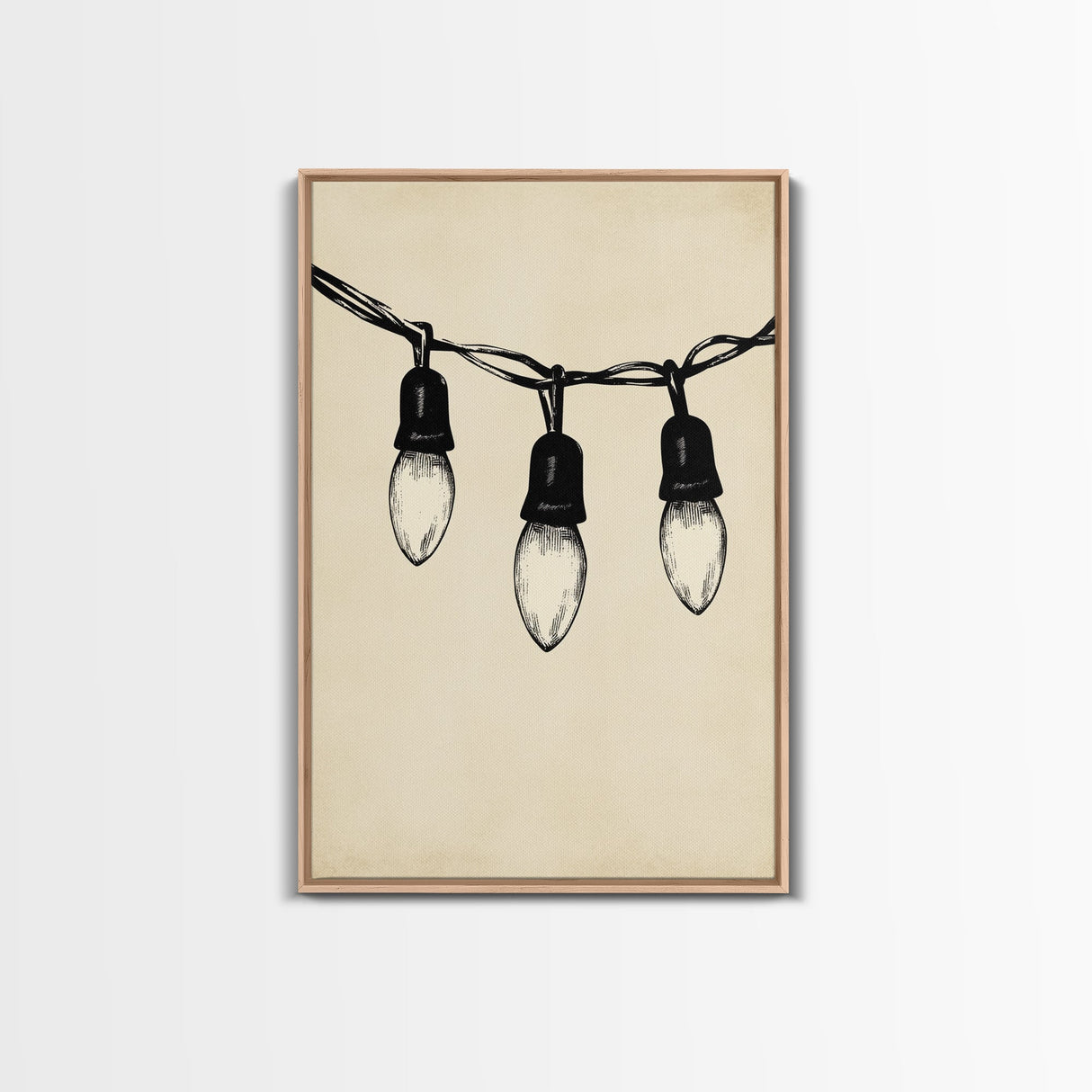 Black and White Sketch of Christmas Lights Canvas Print - Framed Canvas - Minimalist Christmas Art - Boho Christmas Art - Rustic Christmas Art