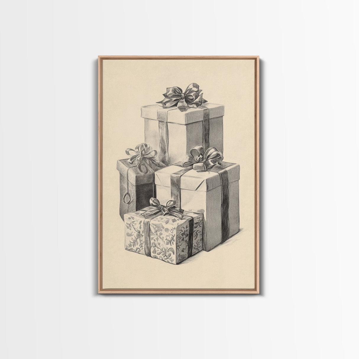 Drawing of Christmas Gifts Canvas Print - Framed Canvas - Minimalist Christmas Art - Boho Christmas Art - Rustic Christmas Art