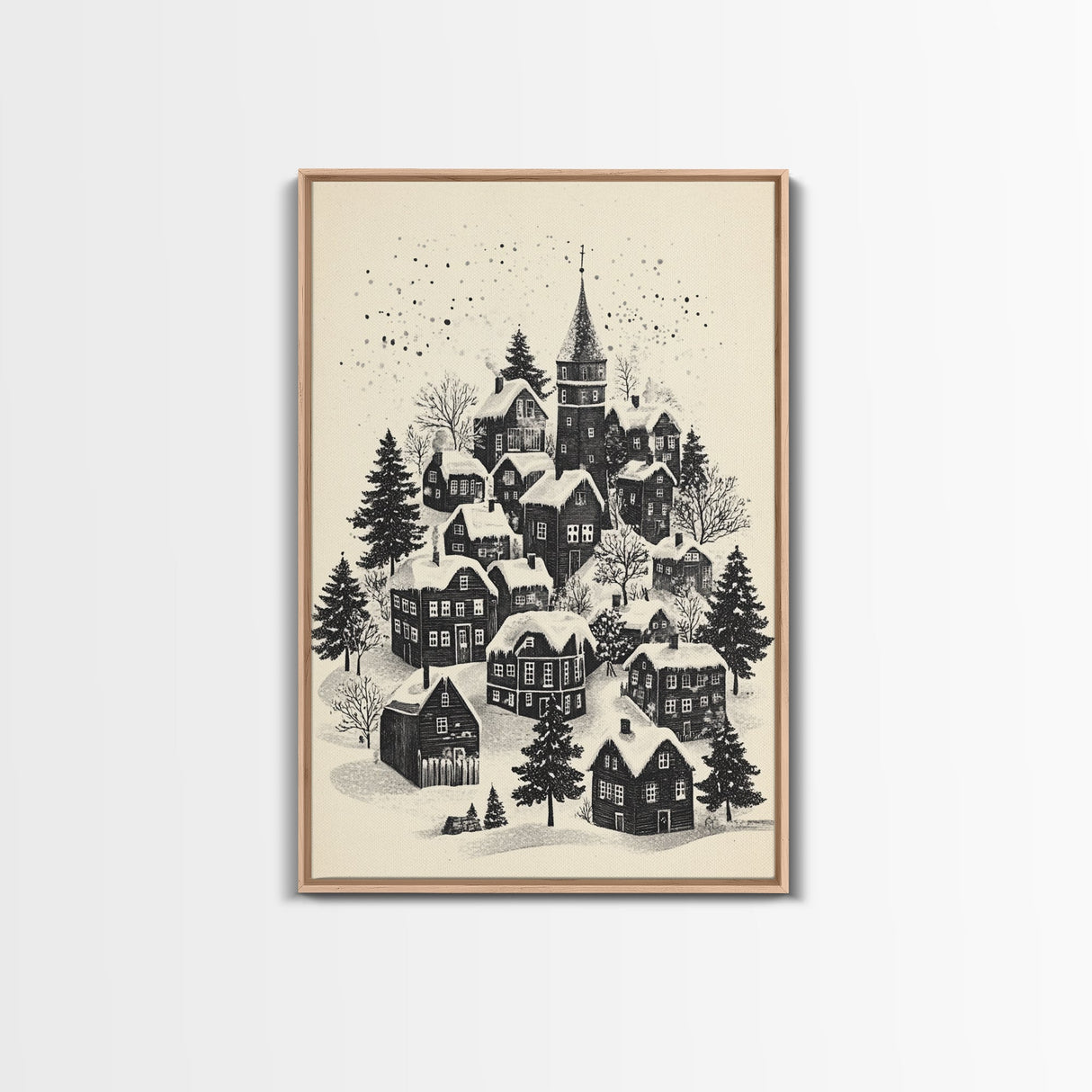 Black and White Sketch of A Christmas Village Canvas Print - Framed Canvas - Minimalist Christmas Art - Boho Christmas Art - Rustic Christmas Art