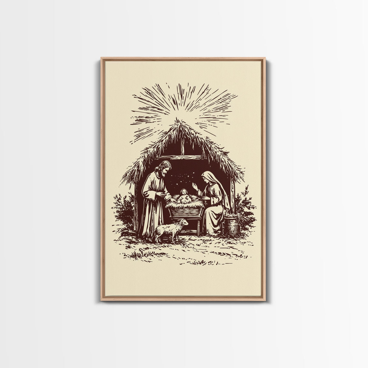 Retro Nativity Scene Canvas Print - Framed Canvas - Minimalist Christmas Art - Boho Christmas Art - Rustic Christmas Art