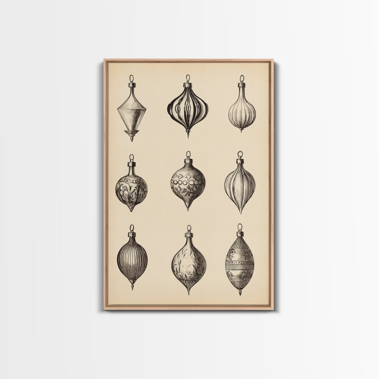 Retro Christmas Ornaments Canvas Print - Framed Canvas - Minimalist Christmas Art - Boho Christmas Art - Rustic Christmas Art