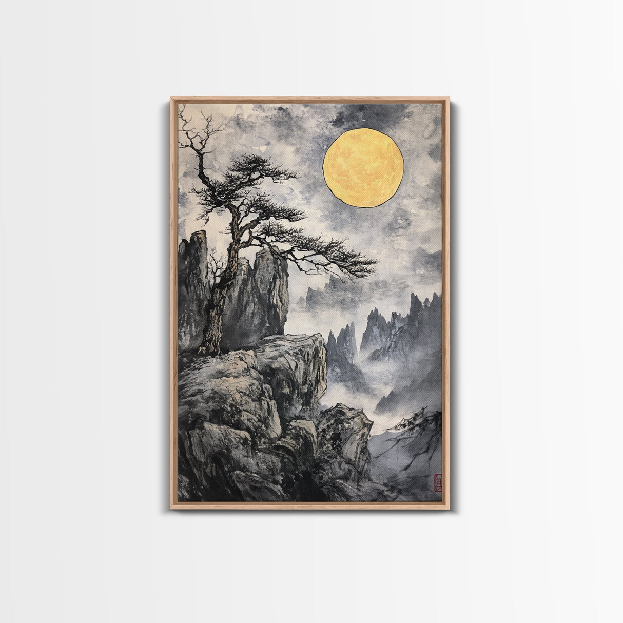 Wabi Sabi Landscape Painting Print - Japanese Style Decor - Japanese Style Art - Bonzai Tree Under a Full Moon