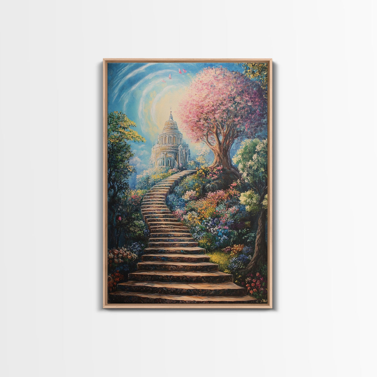 The Steps To The Sky, Framed Canvas Print, Cute Fantasy Decor, Preppy Wall Art, Gift For Her, Dorm Wall Art, Landscape Painting