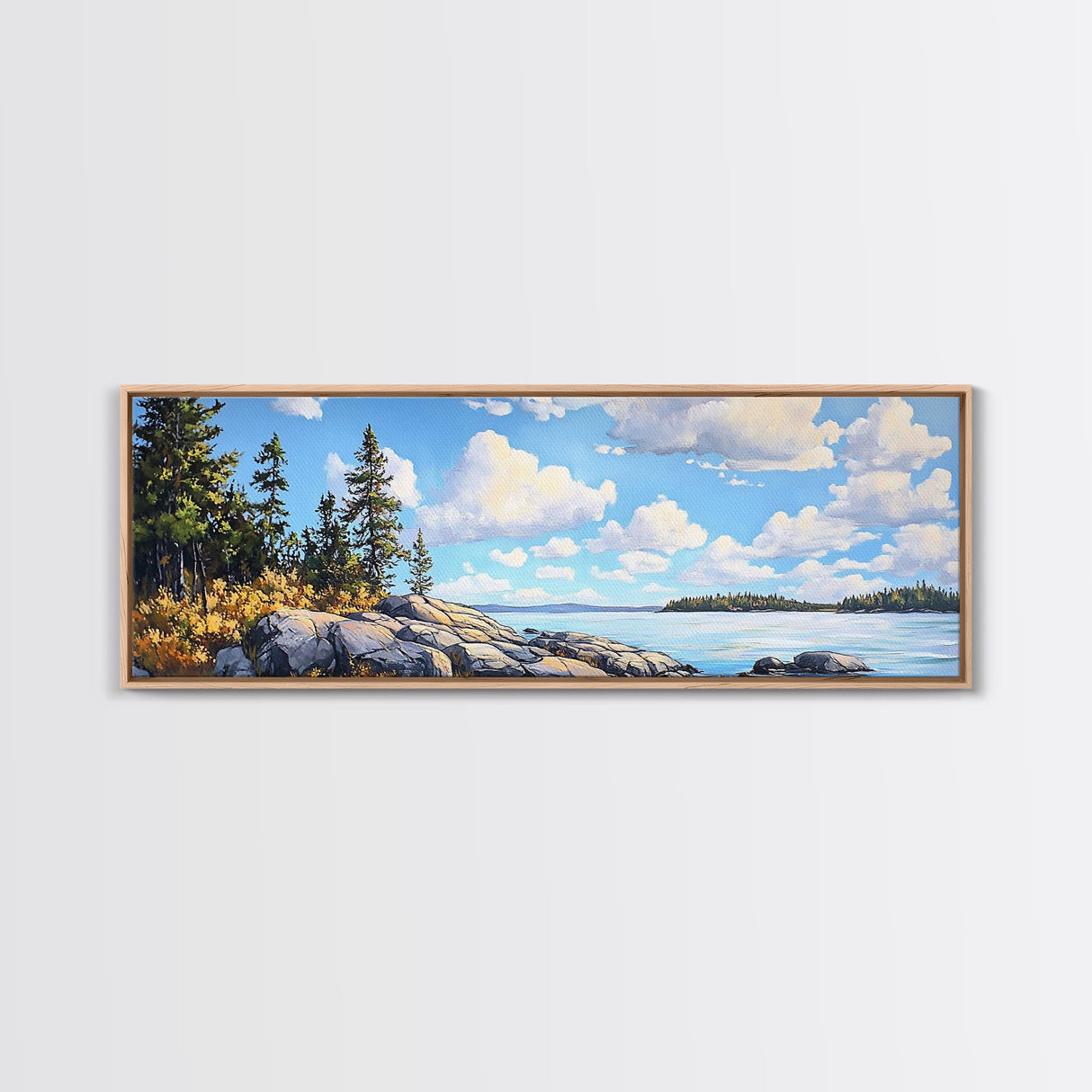 Acadia National Park, Framed Canvas Print, Acadia Watercolor Art Painting, Extra Wide Panoramic Wall Art, Horizontal Mountain Landscape Painting