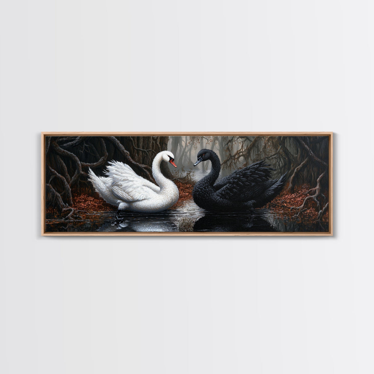 Black and White Swan Form A Heart, Framed Canvas Print, Swan Painting, Black Swan Art, Dark Romance, Panoramic Art, Gothic Art