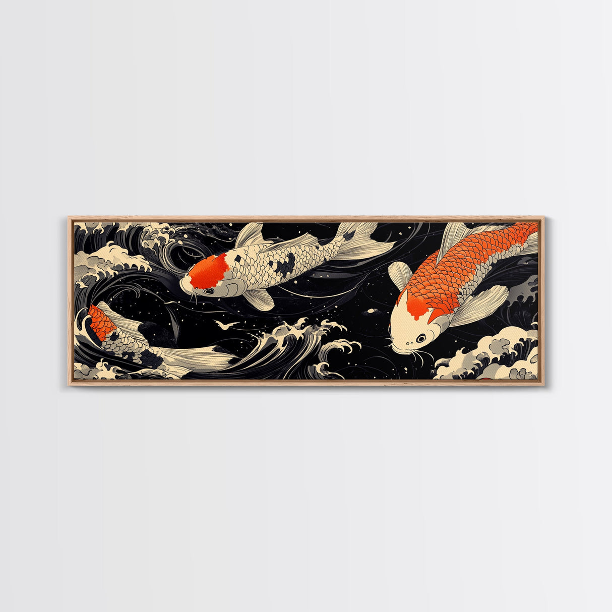 Wabi Sabi Boho Painting Print of Ko Fish, Japanese Style Decor, Panoramic Horizontal Wall Art, Extra Wide 70 Inch Wall Art, 72 Inch Wide Art