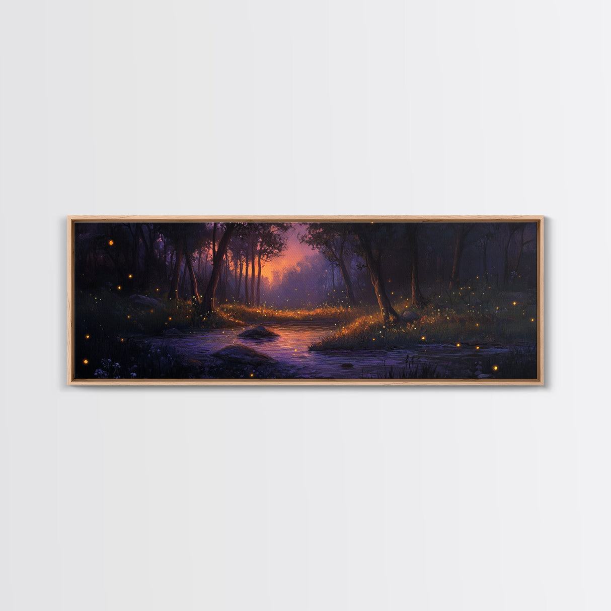 Panoramic Fantasy Forest Canvas Print, Fireflies Light Up The Night Sky in A Fantasy Forest, Fantasy Painting