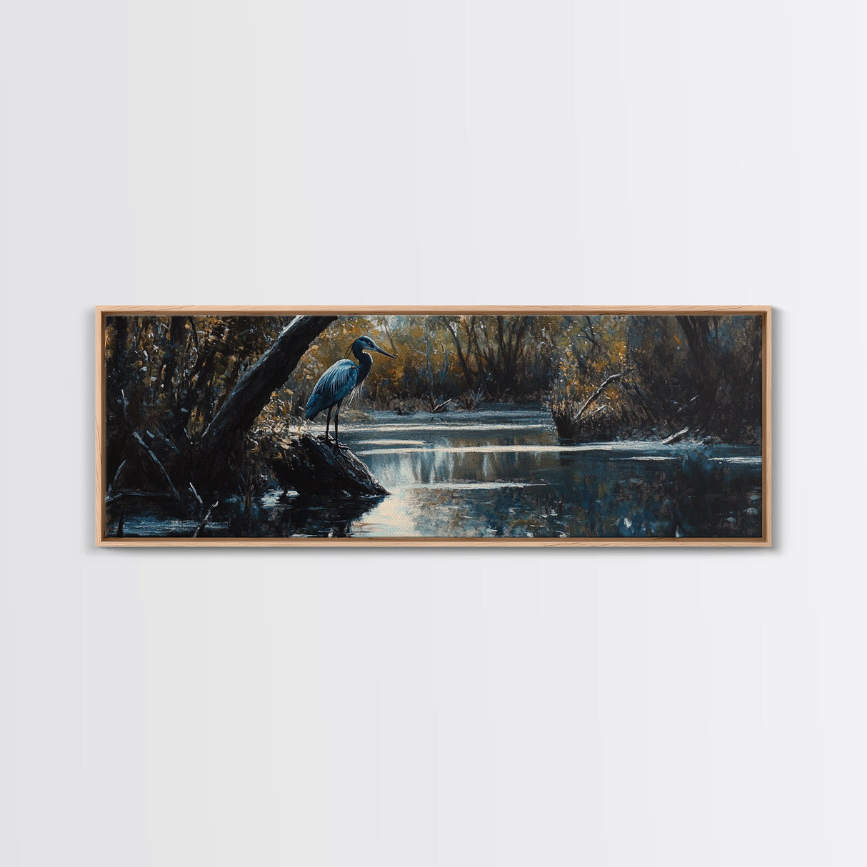 Blue Heron Wall Art, Framed Canvas Print, Nautical Home Decor, Blue Heron Painting, Panoramic Horizontal Wall Art