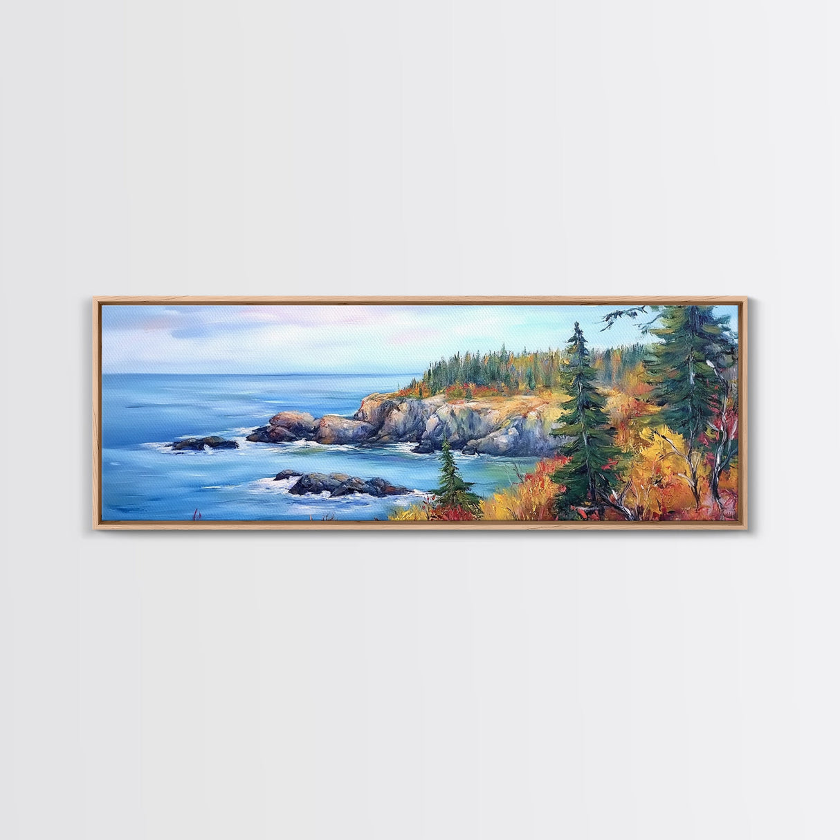 Acadia National Park, Framed Canvas Print, Acadia Watercolor Painting, Extra Wide Panoramic Wall Art, Horizontal Mountain Landscape Painting