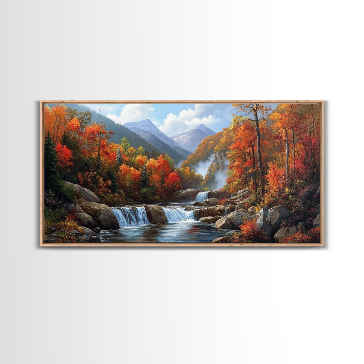 Waterfall In The Forest, Framed Canvas Print, Ready To Hang Art, Wood Frame, Landscape Oil Painting, Mountain Painting, Forest Painting