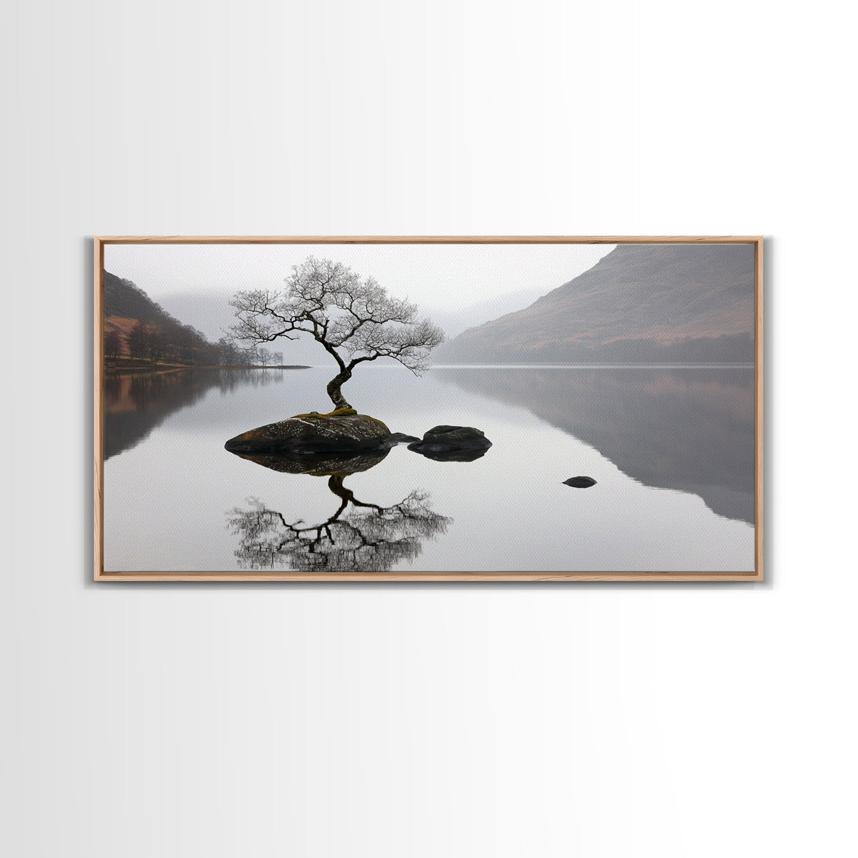 Lone Bonzai Tree On an Island Framed Canvas Print - Ready To Hang Wall Art - Wabi Sabi Landscape Painting - Japanese Style Wall Art
