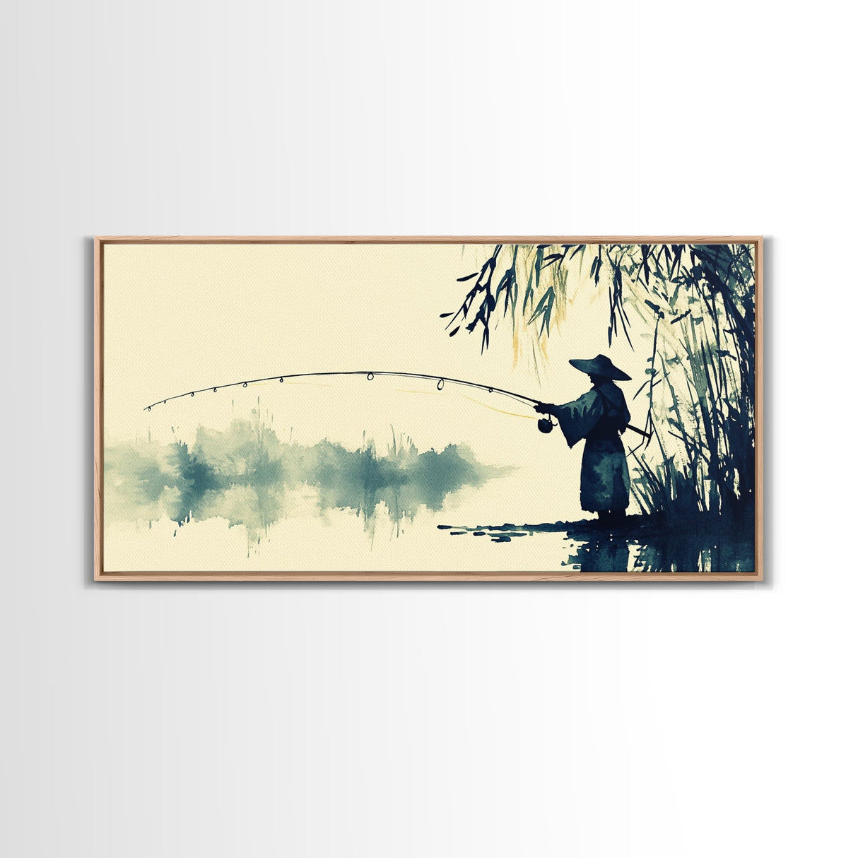 Watercolor Painting Print of a Fisherman - Elegant Japanese Style Artwork - Framed Canvas Print Ready to Hang - Coastal Wall Art - Fishing Gift