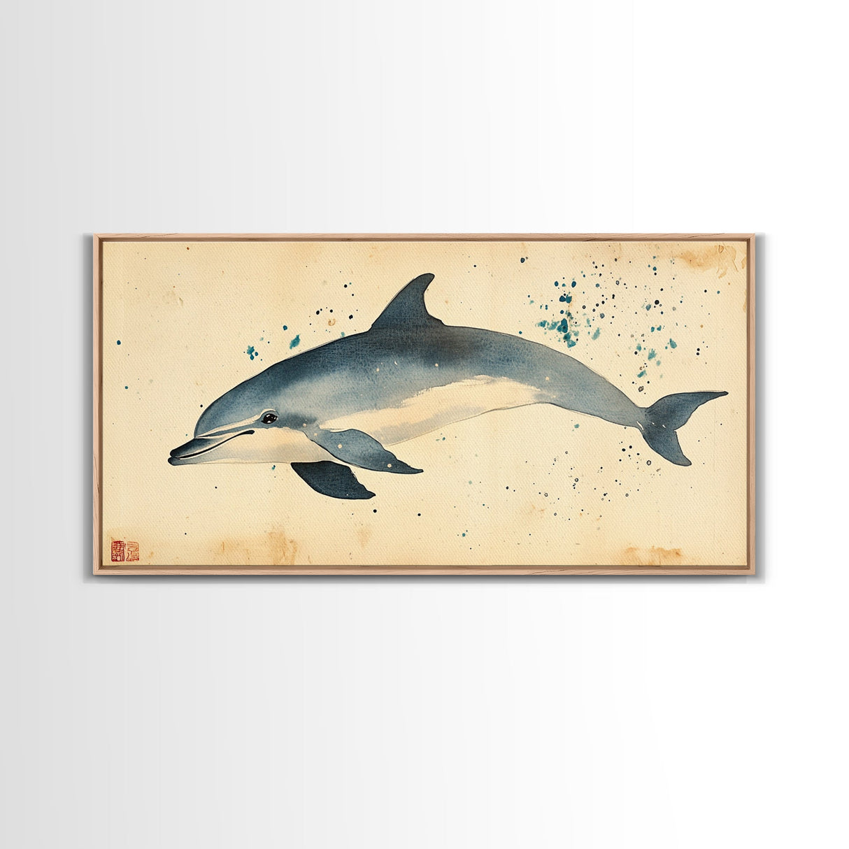 Retro Minimalist Dolphin Painting, Dolphin Home Decor, Framed Canvas Print, Nautical Decor, Elegan Japanese Style Artwork, Wabi Sabi Art