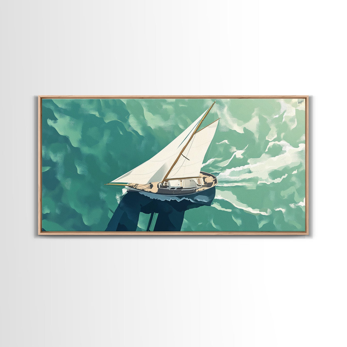 Bird's Eye View of a Sailboat Nautical Painting Print, Framed Canvas Art, Statement Piece, Nautical Centerpiece Wall Art
