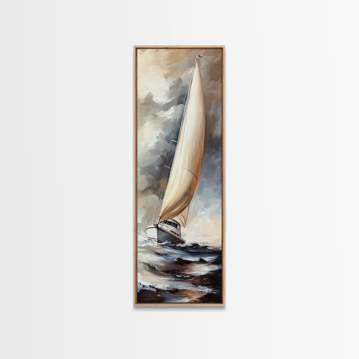 Sailboat painting nautical decor framed canvas print, classic coastal wall art, sailing scene with ocean waves, above bed living room art