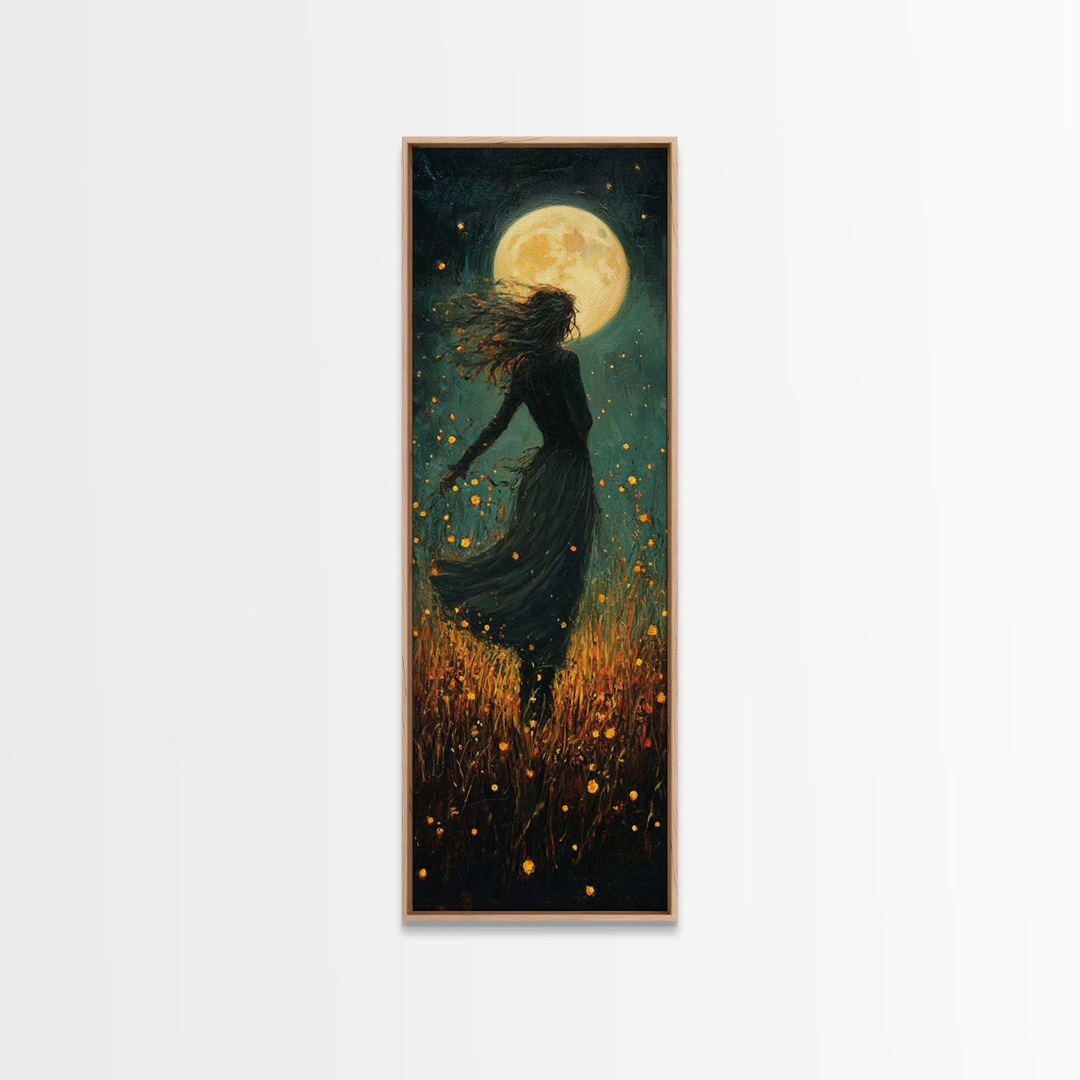 Moonlight goddess painting mystical framed canvas print, ethereal night scene, boho wall art, spiritual bedroom decor, wildflower moon art