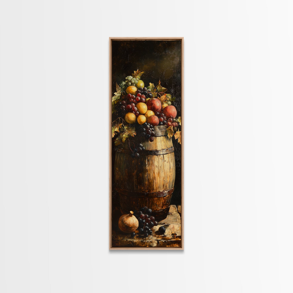 Still Life Oil Painting Print of Fruit and a Wine Barrel, Wine Room Art, Wine Cellar Art, Bar Decor, Tall Skinny Art, Skinny Vertical Art
