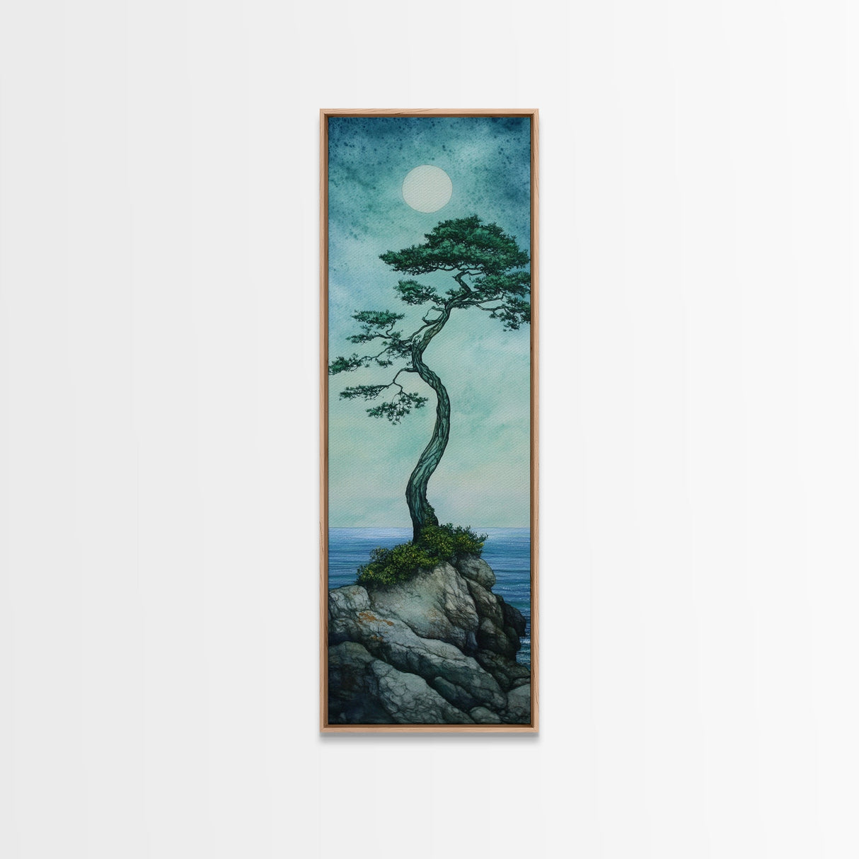 Framed Canvas Print Nautical Decor Moon Oil Painting Calm Blue Tones Above Bed Wall Art Nautical Art Coastal Decor Bedroom Wall Accent