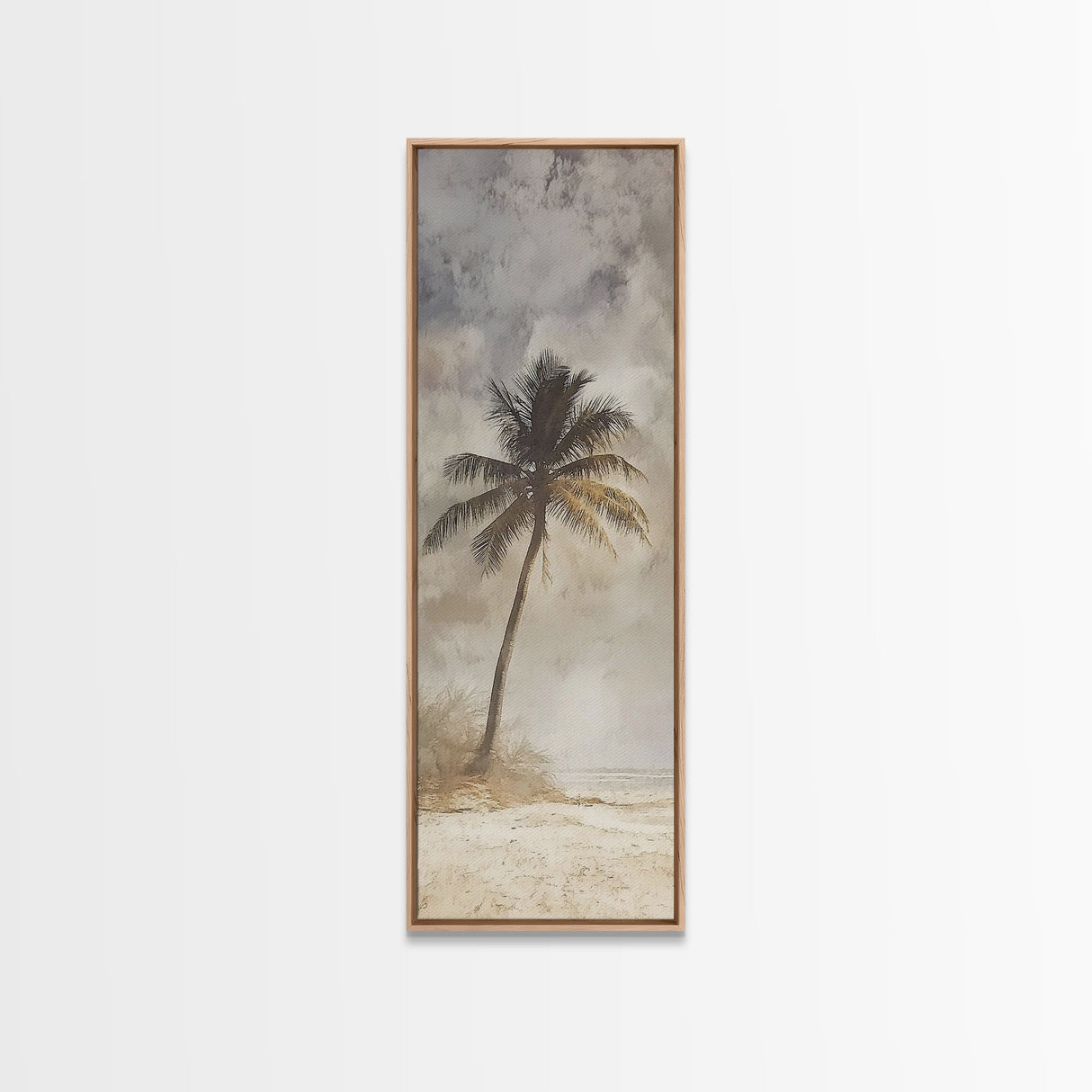 Framed Canvas Print Moody Palm Tree Painting, Coastal Landscape Art, Wabi Sabi Art, Above Sofa Wall Decor, Rustic Beach Scene Print