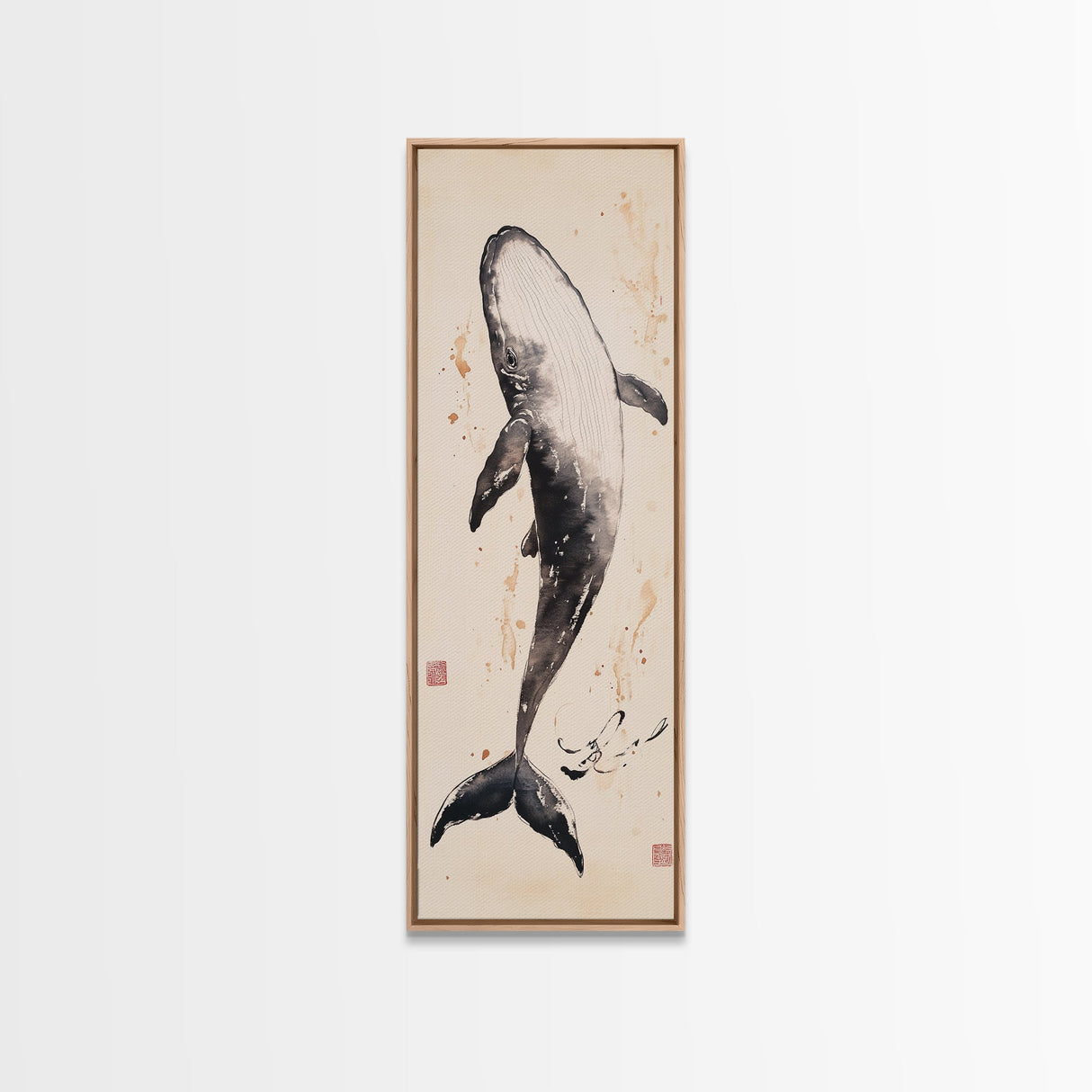 Minimalist Whale Ink Art Depicting Graceful Humpback Whale – Elegant Black and White Framed Canvas Print for Nautical or Coastal Decor