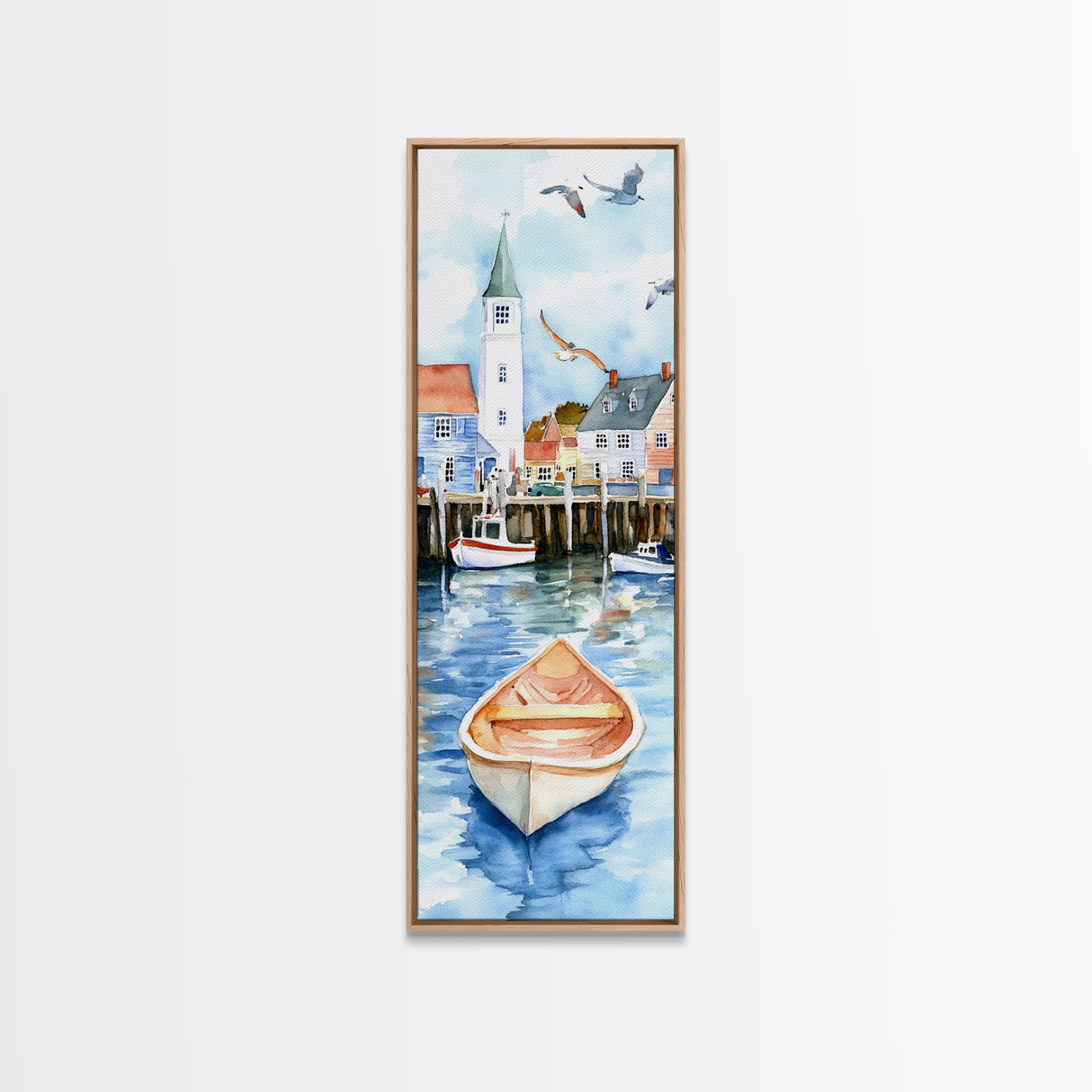 Tranquil Coastal Village with Seagulls Painting - Canvas Print for Nautical Wall Art, Coastal Scene Decor, Ocean-Inspired Art, Harbor Home Decor