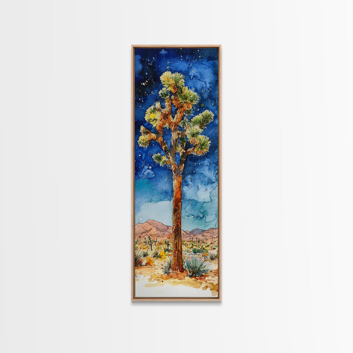 Joshua Tree Under a Starry Night Sky, Framed Canvas Print, Watercolor Landscape Painting Print, Southwestern Wall Art, Farmhouse Painting