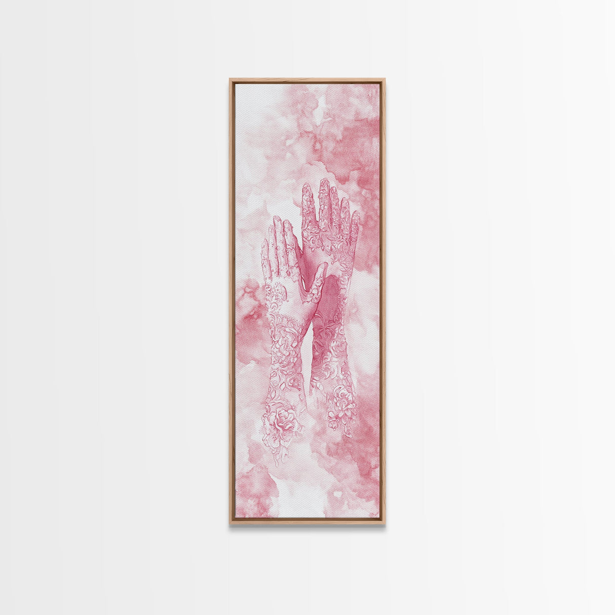 Elegant Mehndi Hand Art Framed Canvas Print - Light Pink Wall Art, Botanical Prints, Whimsical Art, Yoga Art, Gift Idea Her, Bedroom Decor