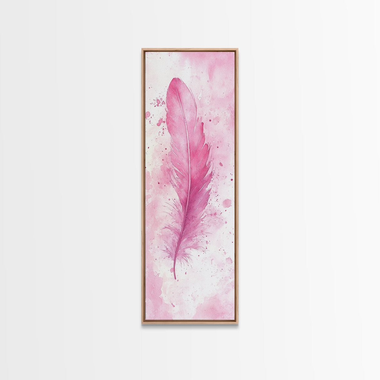 Pink Feather Artwork Framed Canvas Print, Vertical Whimsical Art Light Pink Decor, Boho Minimalist Gift Bedroom and Dorm Wall Art