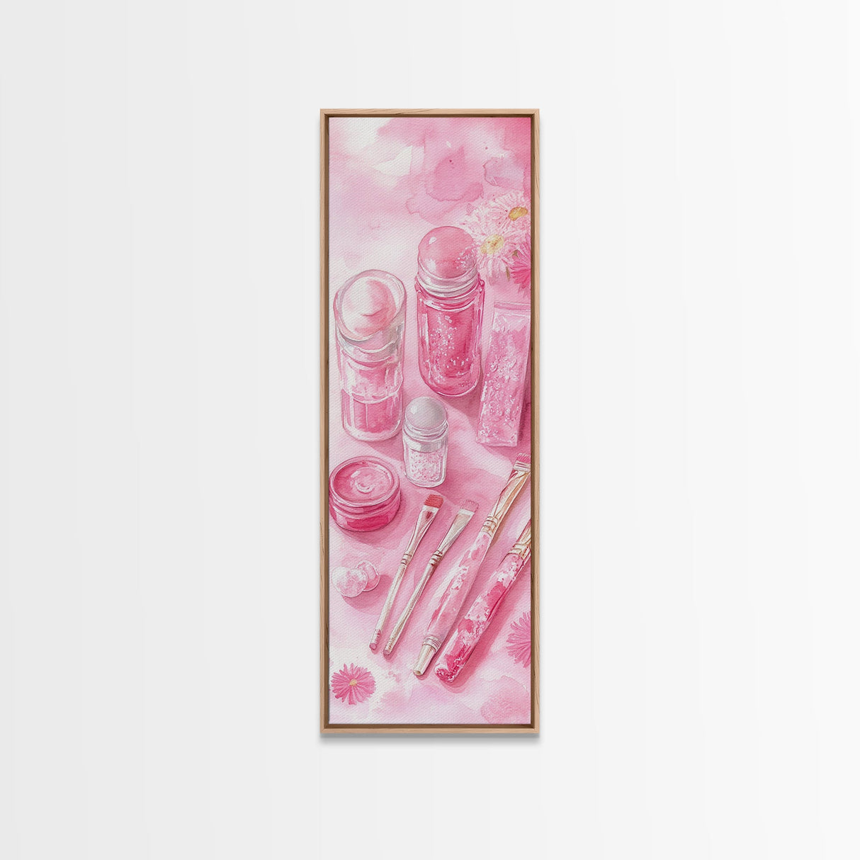 Pastel Pink Beauty Tools Canvas Print Feminine Wall Art Light Pink Bathroom Decor Makeup Lover Rustic Vertical Artwork Girly