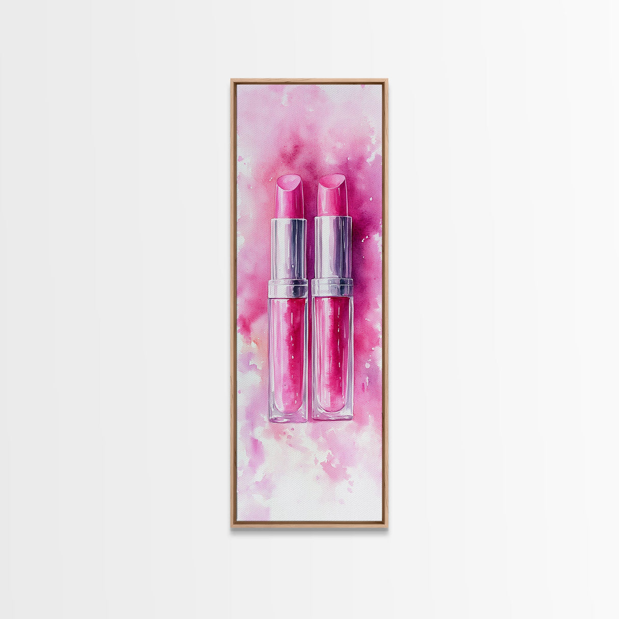 Pink Lipstick Duo Canvas Print, Whimsical Minimalist Vertical Wall Art, Light Pink Cosmetic Art, Gift Idea, Bedroom Skinny Artwork