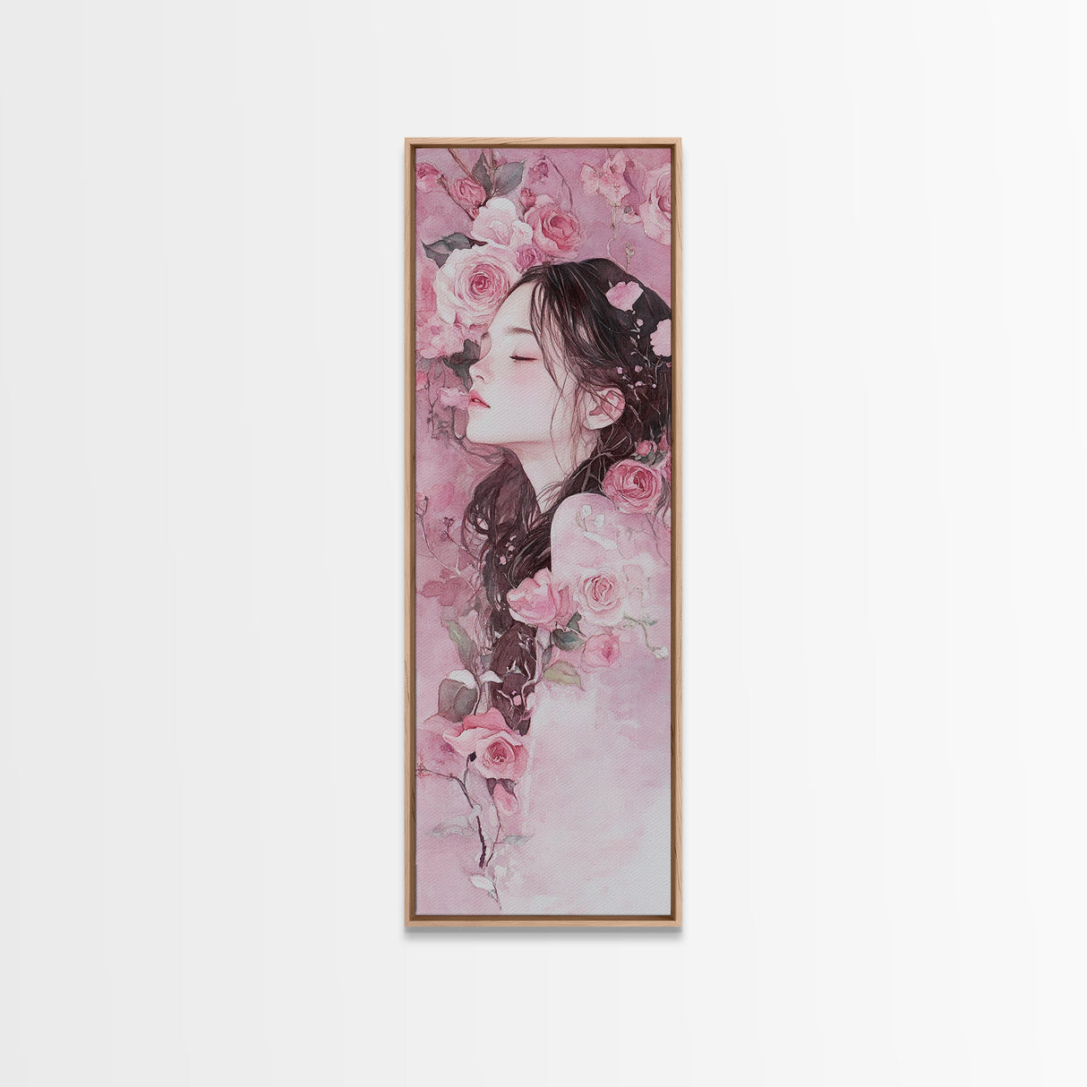 Romantic Rose Girl Painting Framed Canvas Print Pink Wall Art Bedroom Decor Feminine Rose Painting Above Bed Artwork Gift Idea