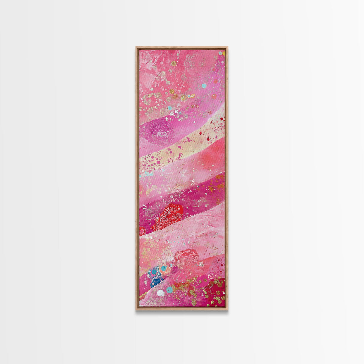 Pink and Gold Abstract Canvas Print, Whimsical Blotter Art with Metallic Accents, Vibrant Vertical Art for Bright and Creative Spaces