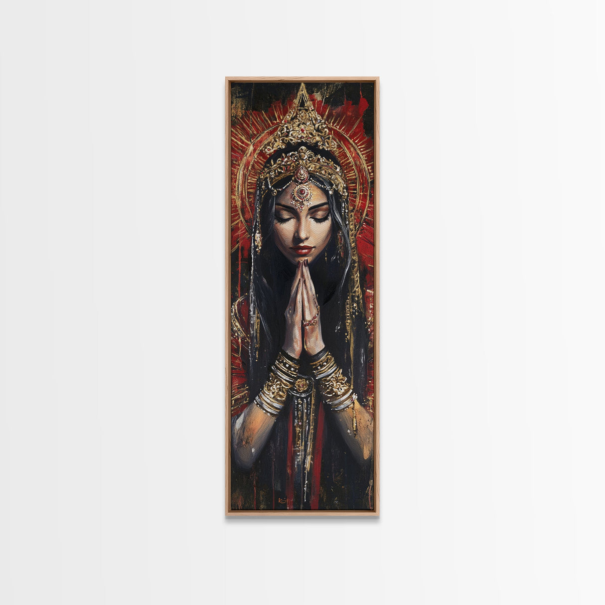 Goddess Prayer Painting Framed Canvas Print, Kerala Mural Art with Rich Red and Gold, Dark Angels Wall Art for Boho Bedroom Decor