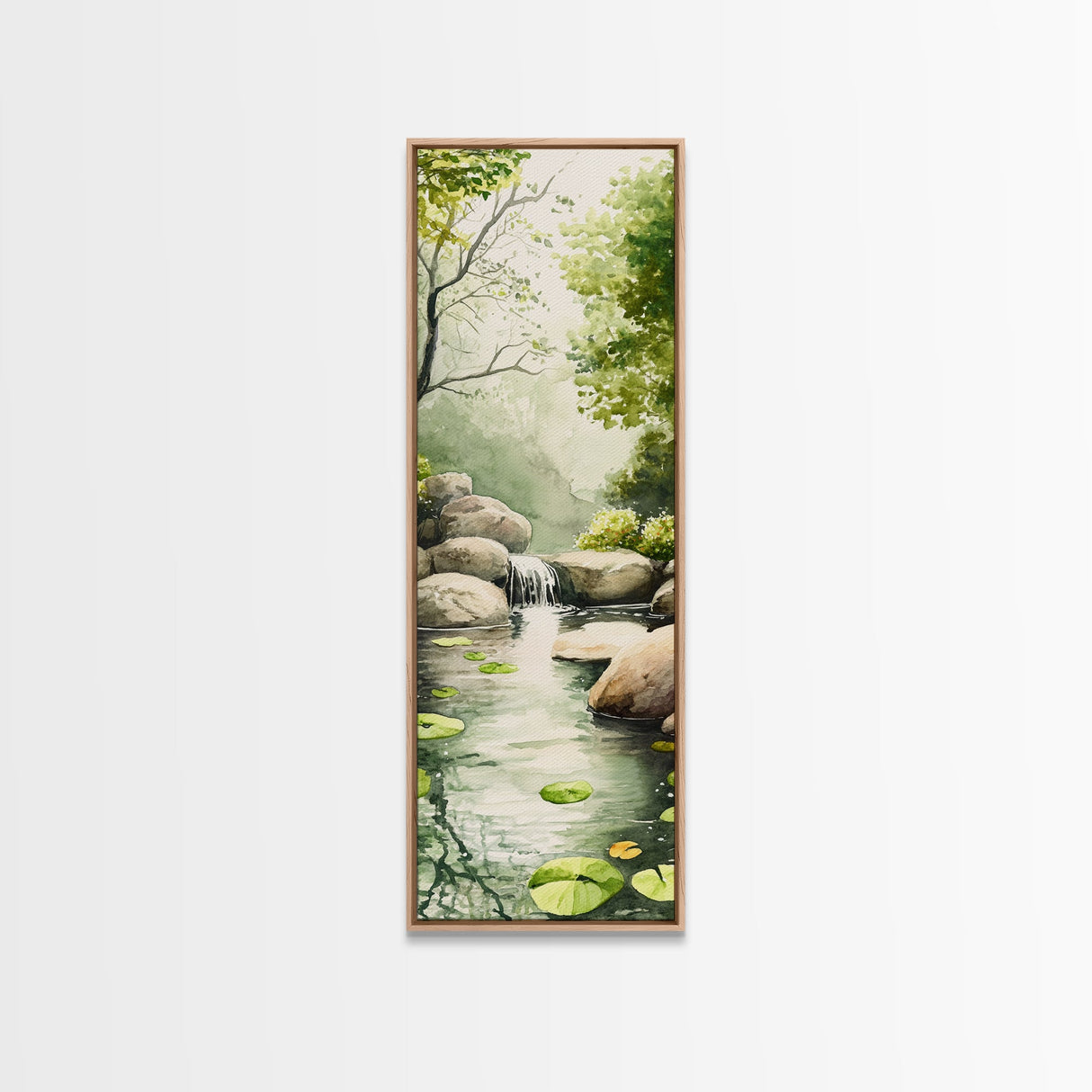 Tranquil Waterfall Scene Framed Canvas Print Green Wall Art Botanical Prints Vertical Landscape Art Above Bed Living Room Decor