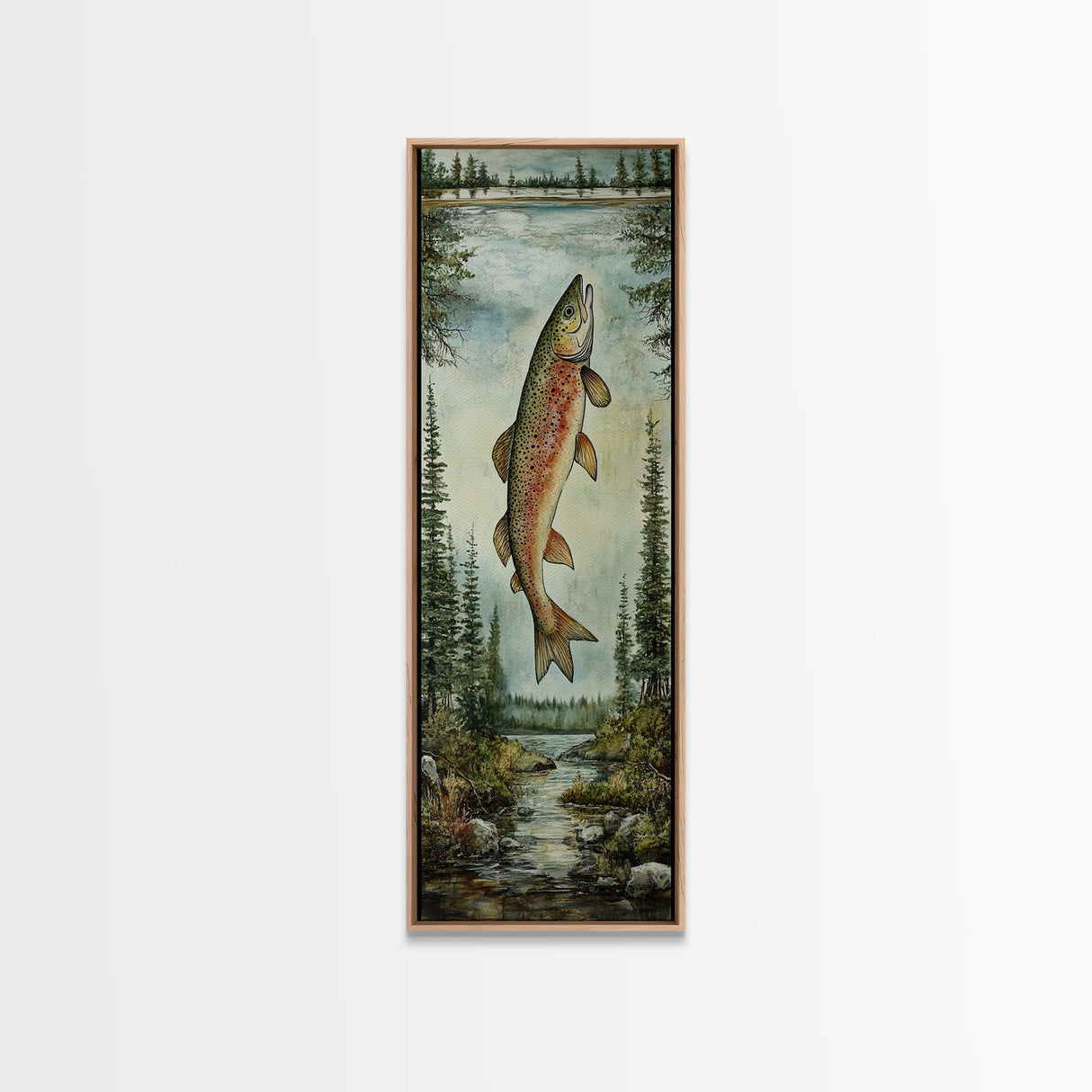 Trout In Mountain Scene Framed Canvas Print Rustic Landscape Art Fly Fishing Wall Art Skinny Wall Art Tall Vertical Decor
