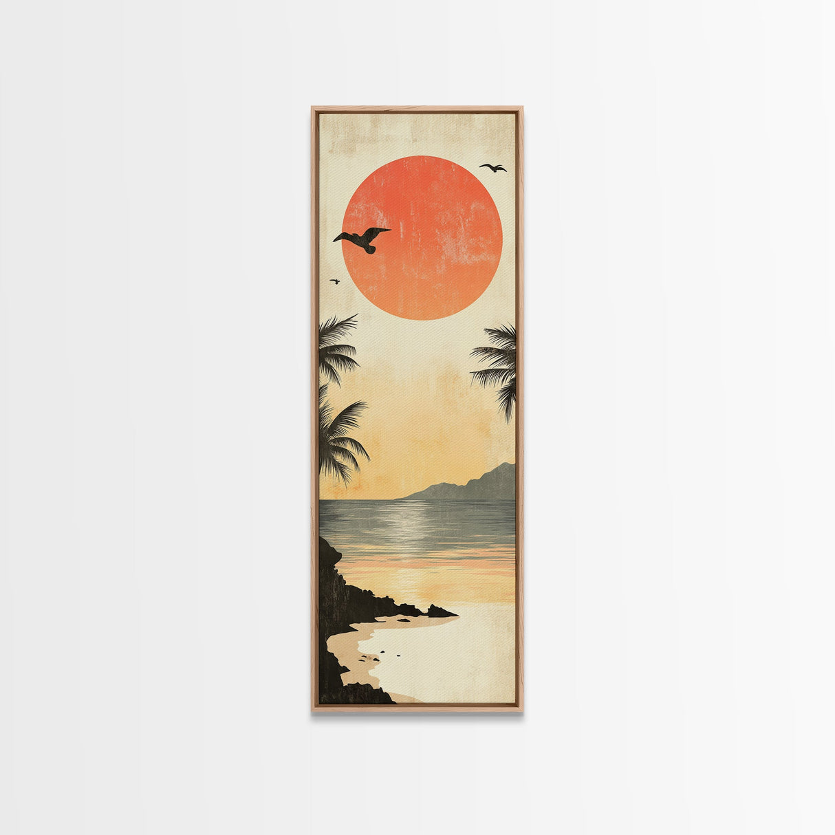 Seagulls At Sunset Beach Framed Canvas Print | Coastal Wall Art | Tropical Landscape Art | Nautical Painting | Living Room Decor