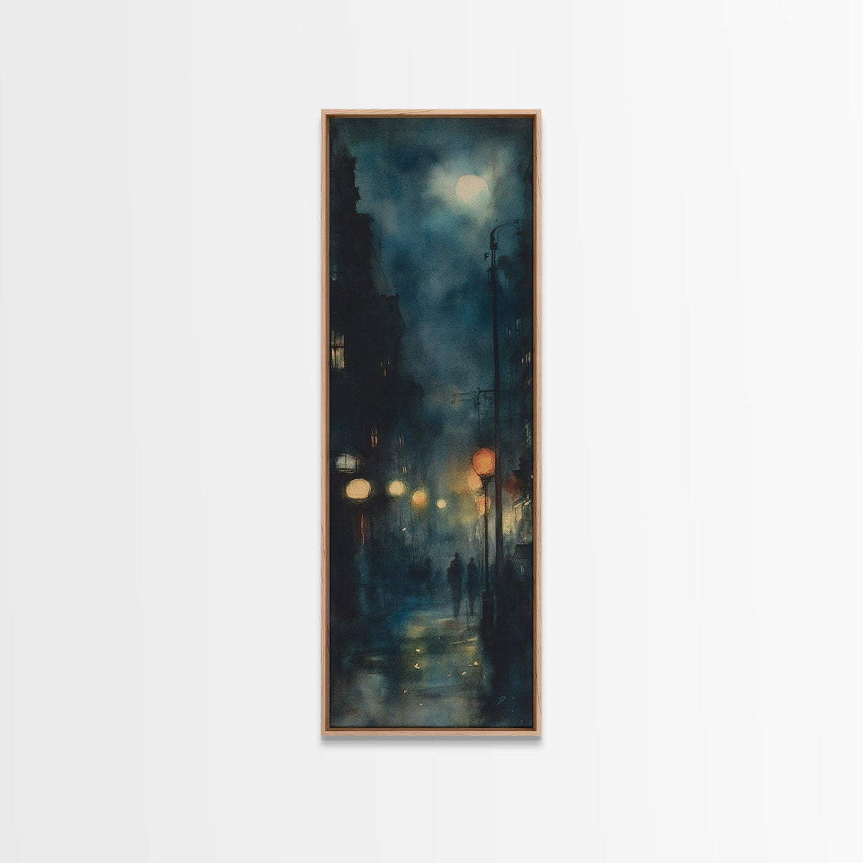 Moody Night Street Scene Framed Canvas Print | Vertical Wall Art | Moody Art | Living Room Art | Gift Idea Him | Urban Nightscape