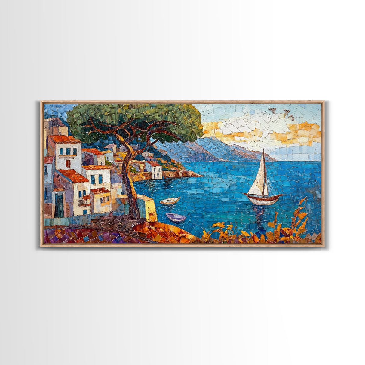 Coastal Sailboat Scene Mosaic Canvas Print - Nautical Decor Seascape Painting - Rustic Fall Wall Art Above Sofa Coastal Home Art