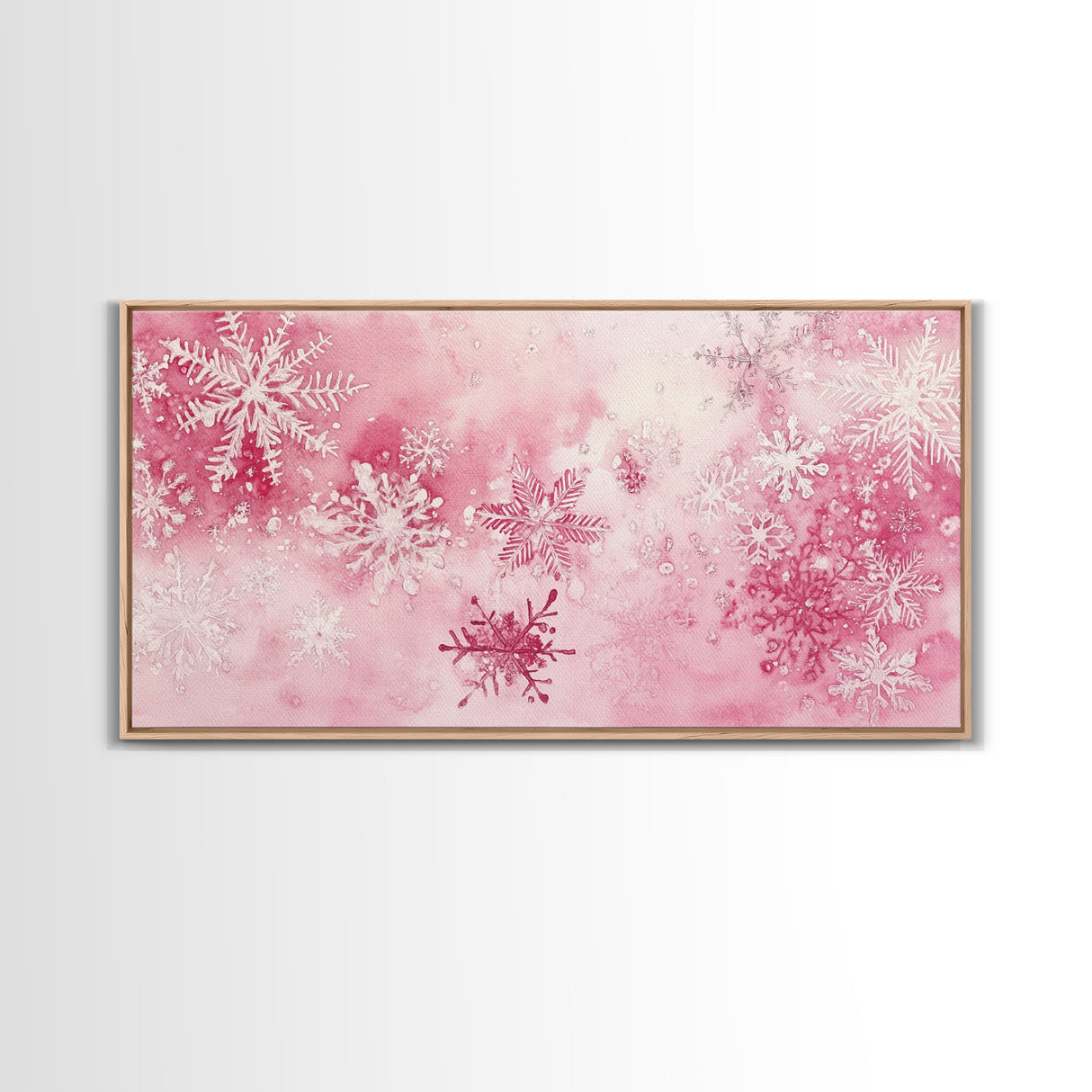 Winter Snowflake Motif with Pink Christmas Wall Art Aesthetic on Framed Canvas Print, Holiday Living Room or Bedroom Decor
