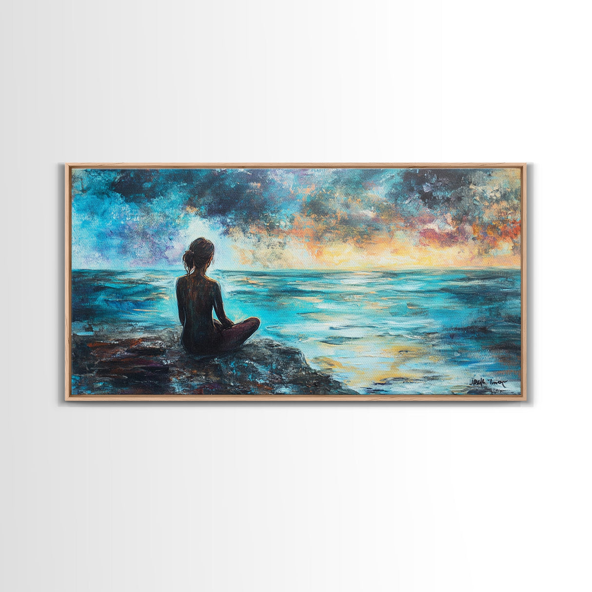 Woman Meditating Coastal Sunset Framed Canvas Print Yoga Art Nautical Wall Art Bedroom Decor Perfect Gift Idea Coastal Cowgirl Artwork