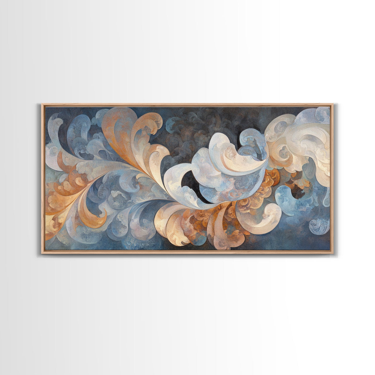Swirling Blue Orange Canvas Print, Geometric Wall Art Nautical Rustic Decor, Moody Abstract Artwork Idea Horizontal Living Room Design