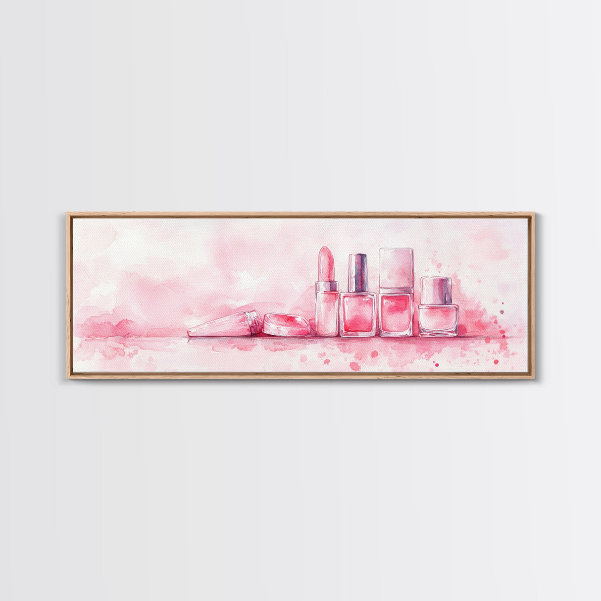 Makeup Art Canvas Print Featuring Lipstick and Nail Polish, Pink Abstract Wall Art for Bedroom or Bathroom Decor, Feminine Gift