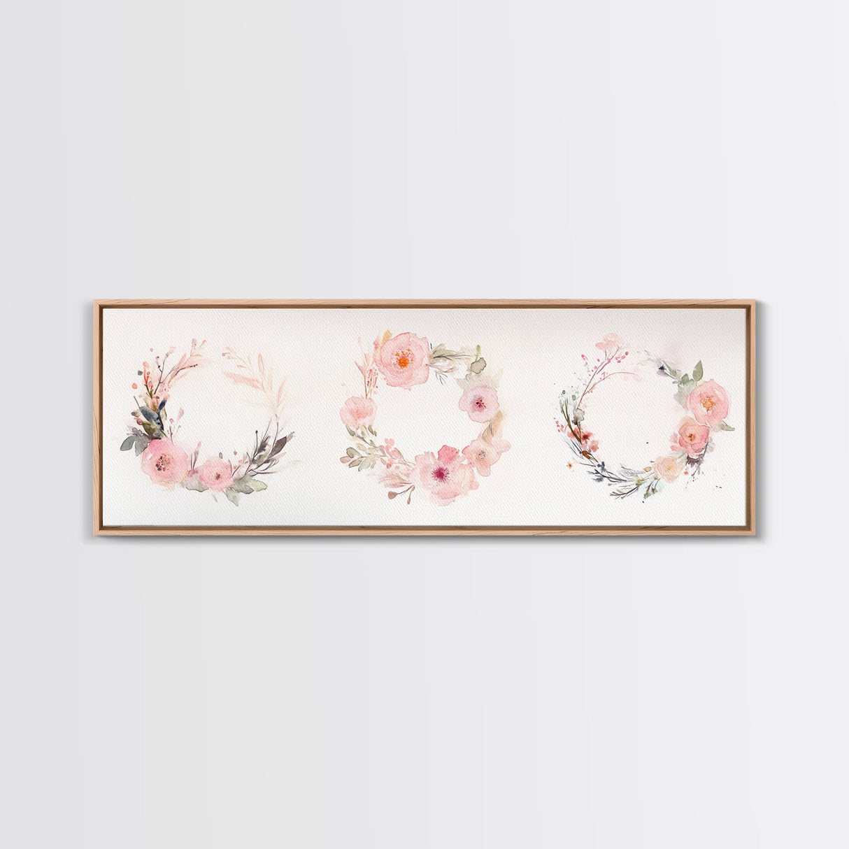 Wildflower Wreath Painting Framed Canvas Print in Pastel Pink and Green, Vertical Rustic Farmhouse Artwork, Botanical Gift Idea