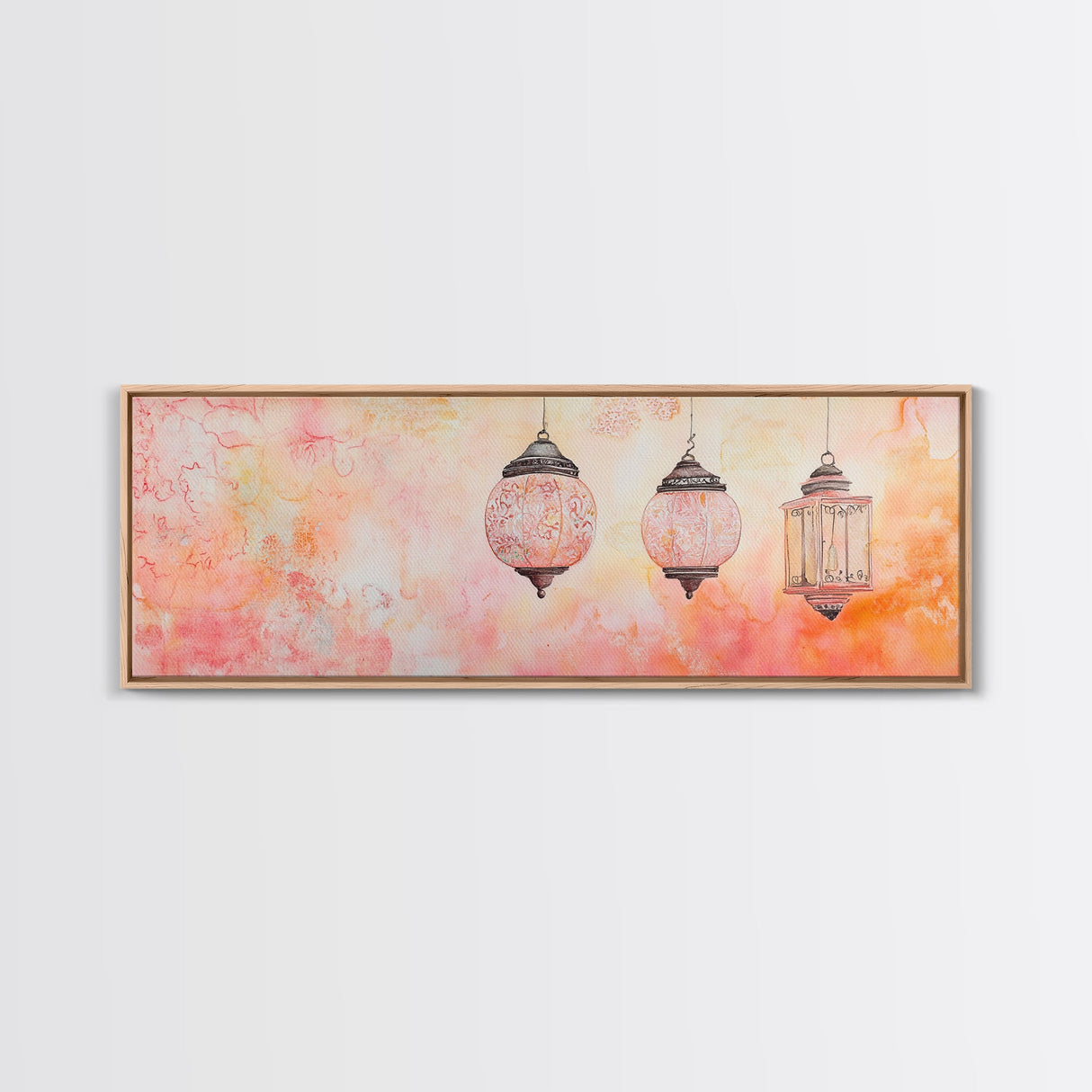 Moroccan Lanterns Canvas Print Pink Orange Wall Art Boho Decor Rustic Living Room Artwork Horizontal Farmhouse Style Gift Idea
