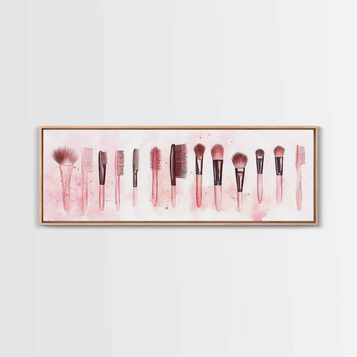 Framed Canvas Print of Makeup Brushes and Combs in Pink Ideal Gift Idea with Whimsical Art for Vanity or Beauty Room Wall Decor