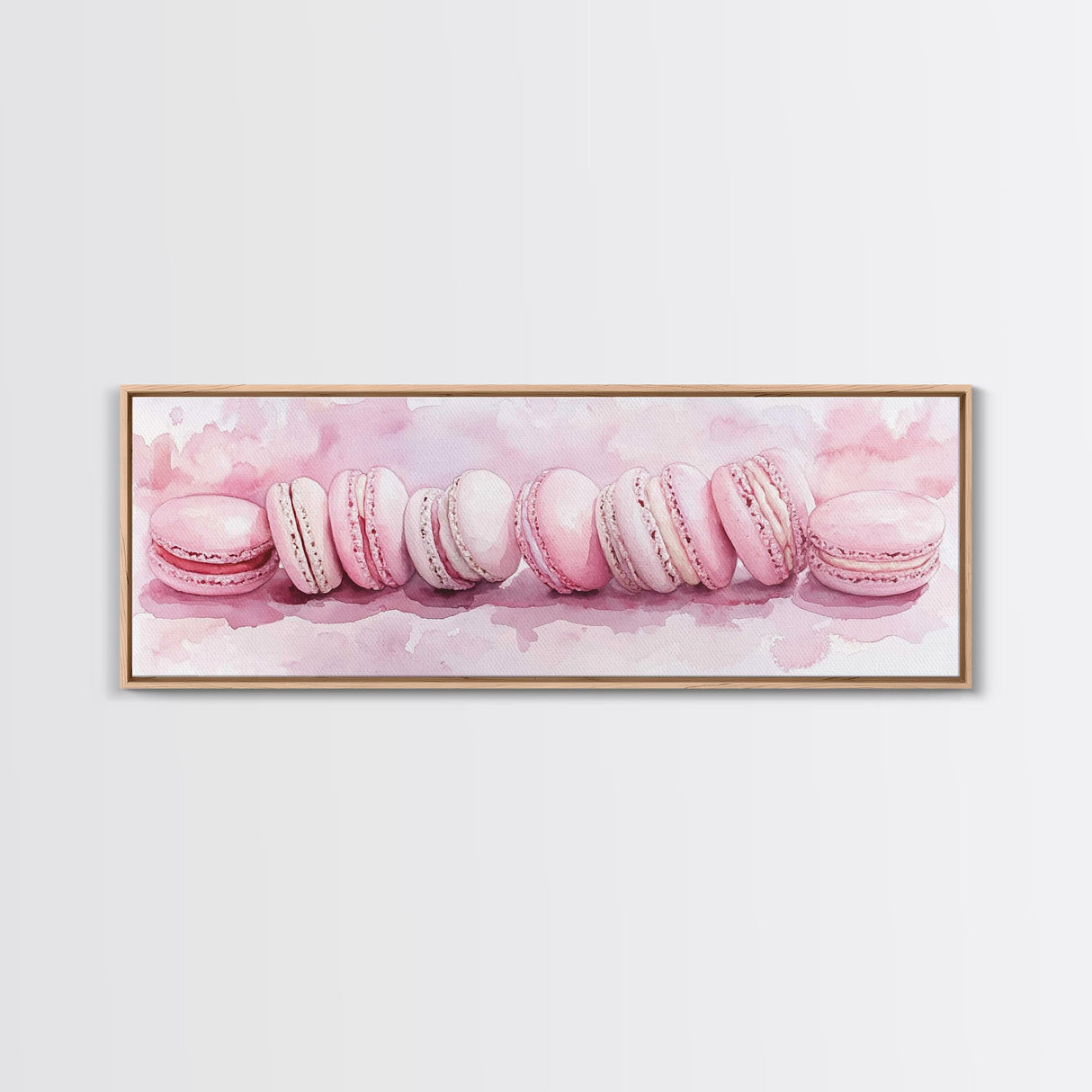 Whimsical Macarons Pink Wall Art Framed Canvas Print Extra Wide Horizontal Dessert Painting Food Review Kitchen Art