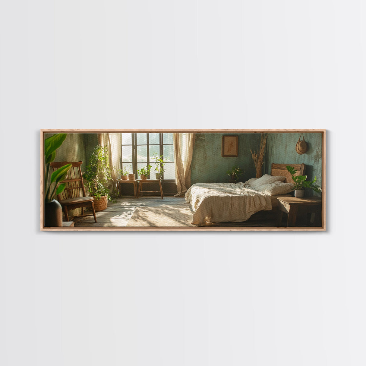 Minimalist Bedroom Serenity Framed Canvas Print, Wabi Sabi Botanical Art, Rustic Farmhouse Bedroom Decor, Light Filled Sage Green Artwork