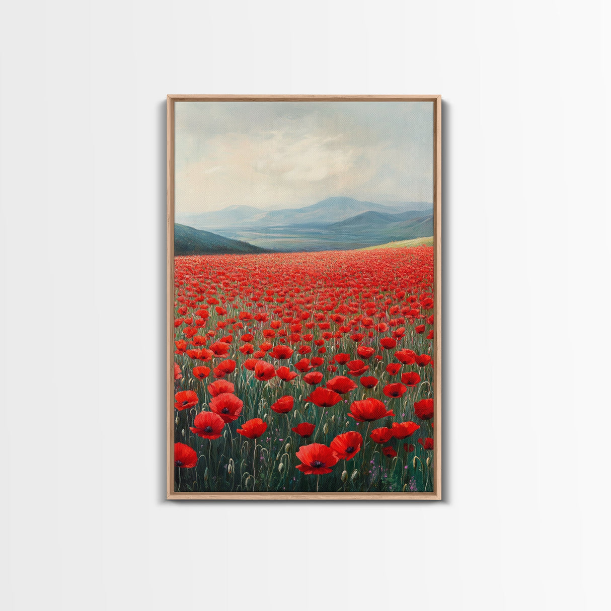 Scenic Poppy Field Framed Canvas Print, Rustic Landscape Painting, Bedroom Art, Farmhouse Wall Decor, Extra Wide Rustic Art