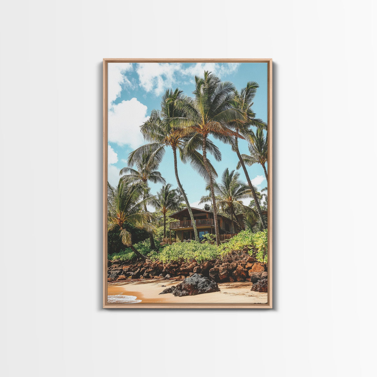 Tropical Beach House Canvas Print – Hawaii Art Coastal Landscape, Rustic Nautical Decor, Seaside Living Room Framed Wall Art